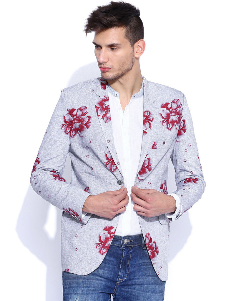 BLAZER QUARTER GREY & RED FLORAL PRINT SLIM FIT BLAZER