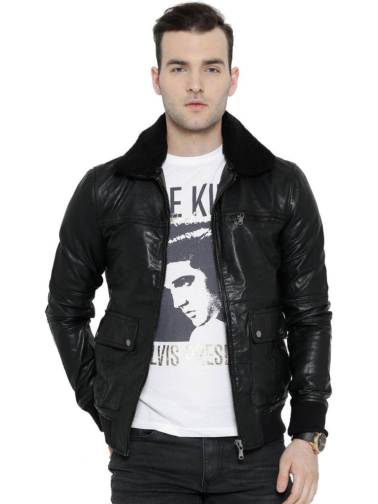 BARESKIN BLACK LEATHER BIKER JACKET WITH DETACHABLE COLLAR