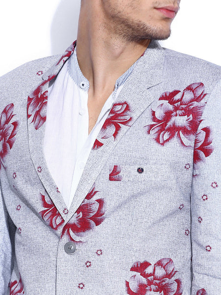 BLAZER QUARTER GREY & RED FLORAL PRINT SLIM FIT BLAZER