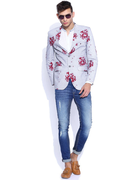 BLAZER QUARTER GREY & RED FLORAL PRINT SLIM FIT BLAZER