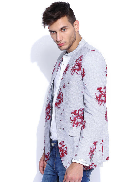 BLAZER QUARTER GREY & RED FLORAL PRINT SLIM FIT BLAZER